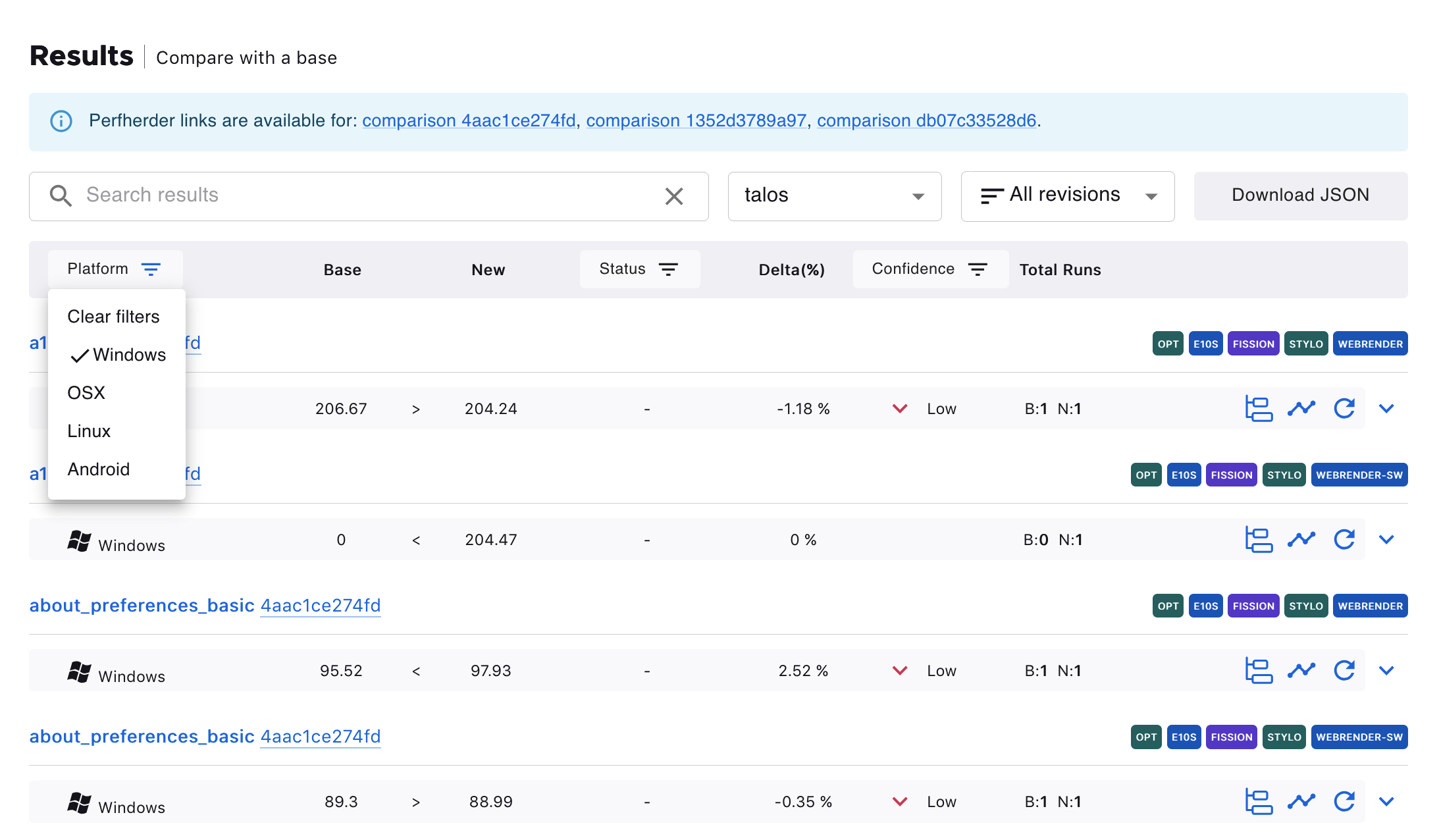 PerfCompare Results Table with Filters